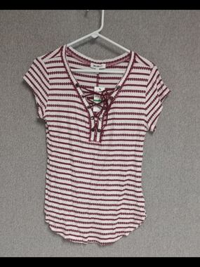 William Rast Burgundy & White Lace-Up Striped Knit Top